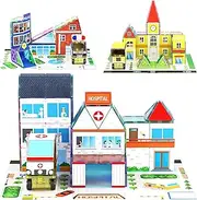 PicassoTiles 3-in-1 Theme Set School Hospital Police Station Magnet Self Adhesive Backing Stick-On Sheet Combo w/ Car Magnet Building Block Playset STEM Learning Construction Brain Development Kit