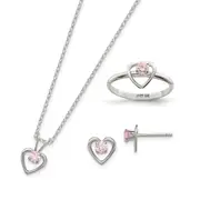 Sterling Silver Polished Pink Cz Heart Children'S 15In Necklace, Size 3 Ring & Post Earrings Set