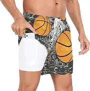 [GuoChe] Men Beach Shorts Men 2In1 Workout Running Shorts Basketball Black with Liner Swimsuits Quick Dry