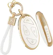 PIFOOG Key Fob Cover for Hyundai 2024 Ioniq 6 Kona Santa Fe Sonata 7 Button Car Smart Keys Shell Case Bling Keychain Full Protector Covers Accessories Women Girly Cute Gold White TPU