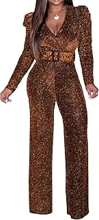 [DSAoTeng] Women Long Sleeve Sparkly V Neck Straight Long Jumpsuits-With Belt Casual Sexy Elastic Gold Silver Thread Bodysuit Party Clubwear