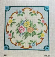 Hand painted, Floral Bouquet w/ Blue Border, 13 mesh canvas by Shelbi