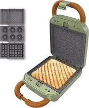 Cecotec Rock'nToast Retro One Green Sandwich Maker. 700W Retro Sandwich Machine, 3 Interchangeable Plates for Sandwiches, Waffles and Donuts, RockStone Coating, Non-Slip Base