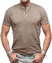 [Aosufei] Men's Lightweight 3 Button Summer T-Shirts Short Sleeve Solid Worktout Tops Shirts Stylish Casual Sport Tee Shirts, Khaki1, XX-Large