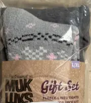 Muk Luks Fleece-Lined Gift Set Tights & Roll Top Sock Set Closed Toe Gray L/XL