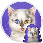 Heterochromia Eyes White Grey Kitty Cat Round Beach Towel