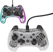 RGB Light Transparent Game Controller, Wired Game Controller for Switch, PC, PS3, iOS, OS X, 10 11 System with 6 Axes Gyroscope Burst Wake Up Function