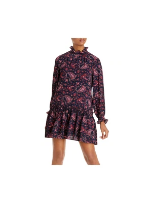 REBECCA TAYLOR Womens Navy Smocked Long Sleeve Mock Mini Party Shift Dress XS
