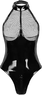 [Gain Love] Sexy Women's Plus Size Lingerie PVC Leather Mesh Bra Wetlook Halter Neck One Piece Clubwear Teddy Bodysuit