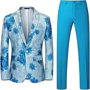 [JEShifangjiusu] Men Set Of Two Crushed Flower Dresses Set One Capsule Dinner Button Tuxedo Coat And Pants Luxury Printed Wedding Suit Coat, Blue, XL