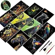 Scratch Art Rainbow Painting Set-Creative Arts and Crafts for Adults & Kids,Glow in The Dark DIY Paper Craft Kit,DIY Home Decor&Foil Engraving Art Gift with 4 Tools 8 Sheets(A5)(Animal Series)