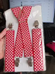 Red White Checkered Plaid Flag 4 Clip Mens Unisex Suspenders Elastic Stretch