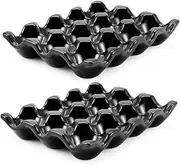 Flexzion 12 Cups Ceramic Egg Holder for Fridge - Dozen Ceramic Egg Tray Porcelain Container Storage Organizer Decorative Serving Stand Serveware for Refrigerator Countertop Display (Black, 2 Pack)