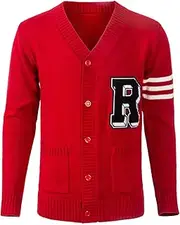 [Lupsty] Men's 1950's Letterman Cardigan Sweater Hip Hop 50s Cardigan Sweater V-Neck Long Sleeve Cardigan Winter Sweater, Red, X-Large