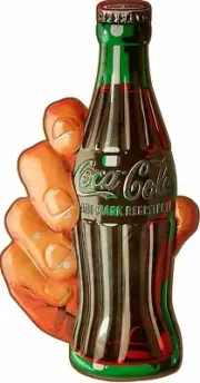 COCA COLA HAND HOLDS COKE BOTTLE 19" HEAVY DUTY USA MADE METAL ADVERTISING SIGN