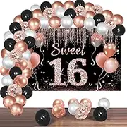 Sweet 16th Birthday Banner Decorations with Confetti Balloon Arch Garland, Rose Gold Happy 16 Birthday Backdrop Balloon Kit Party Supplies for Girls, Sixteen Year Old Bday Photo Booth Decor