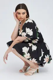 Black Floral Tie Front Playsuit Short Sleeve