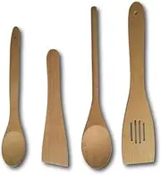 Tianfeng Cooking Style 4 Piece Wooden Kitchen Utensils Set Natural Wood Spoons & Spatulas for Mixing, Stirring, Scooping & Tasting Long Handles, Non-Toxic, Strong & Sturdy