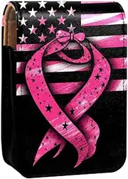 Lipstick Case,Leather Lip Gloss Lipstick Organizer with Mirror,Mini Lipstick Holder Bag,Breast Cancer Flag Hope