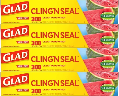 Glad Plastic Food Wrap Cling N Seal Film Kitchen Home 300 Sq.Ft. Roll , 4 Pack