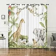 AILONEN Animal Window Curtain for Kids Bedroom Decor,Giraffe Monkey Elephant Curtain for Living Room Decor,Modern Botanical Window Drapes 2 Panels Set,42" W x 84" H