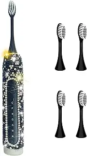 VFUIFRYI Electric Toothbrush for Woman Black Bling Diamond Decor Portable Travel Essentials for Women Black Toothbrush with 3 Replacement Heads 6 Modes