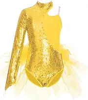 [TiaoBug] Sparkly Sequins Ballet Leotard for Girl Feather Tulle Skirted Leotard Jazz Hip Hop Dance Outfits