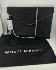 REBECCA MINKOFF BLK LEO CLUTCH W/CHAIN STRAP GOLD ACCENT ZIPPERS W/ Dust Bag Tag