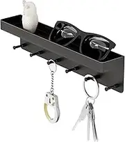 Key Rack with Shelf and 6 Hook, Self-Adhesive Key Holder, No Drilling Wall Mounting Storage Rack for Key, Coat, Letter, Bag, for Entrance Areas and Behind Doors (Colour: Black)