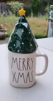 RAE DUNN Green Polka Dot Merry Xmas Tree Ceramic Mug & Topper Holiday Lid Set