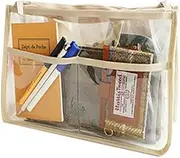 FELAK Handbag Organizer Clear Cosmetic Gadget Insert See Through Purse Organiser Transparent Makeup Travel Pouch Liner with Handle (Beige, 11(L) x6.5(W) x4(D))