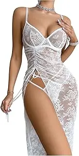 [SHENHE] Women's Lace Sheer Underwire High Slit Babydoll Dress and Panty Set 2 Piece Lingerie Set