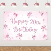 Fangleland Pink Bow 30th Birthday Party Backdrop 5x3ft, Happy 30th Birthday Decorations for Her Women Photography Background for Coquette Theme Thirty Bday Party Supplies
