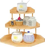 Bamboo Spice Rack Corner Shelves-3 Tier Standing Pantry Shelf for Kitchen Counte