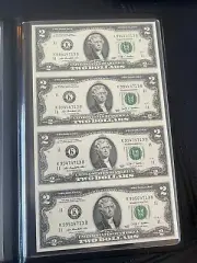 Uncut 2 Dollar bills 4 with and Thomas Jefferson quotes in a fine binder
