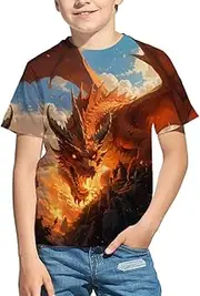 [WalnutKing] Kids 3D Print Graphic Tees Funny Fire Dragon Short Sleeve T Shirts for Youth Boys Girls 4-14 Years