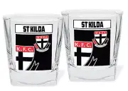 St Kilda Saints Official AFL Set of 2 Spirit Whiskey Printed Glasses Gift Boxed