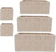 Woven Storage Box Basket Bin Container,Woven Strap Wicker Waste Basket Wicker Blanket Basket,Underwear Bra Storage Organizer Divider for Drawer, Dresser, Closet, Black, Set of 5 (Beige)