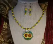 Handmade necklace/earring set in whimsical Tuscan sunflower motif