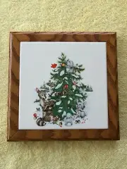 Custom Handmade Christmas Italian Ceramic Tile Trivet w/Wooden Oak Frame NEW!