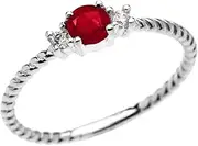 [Dainty and Elegant Gold Rings] 14k White Gold Dainty Solitaire Ruby and White Topaz Rope Design Stackable/Proposal Ring