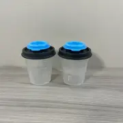 Tupperware Midgets Salt and Pepper Shakers Mini 2 oz Black / Blue Flip Top New!