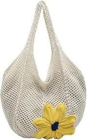 [Generic] Crochet Tote Bag Flower Mesh Beach Bag Aesthetic Knitted Shoulder Bag Hollow Vacation Boho Tote Bag for Women Travel Vacation