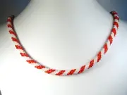Hand Crocheted Silver Lined Red with White Pearl Bead Necklace