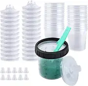 Liliantus Disposable Paint Spray Gun Cups Liners and Lids 1.0 System, Paint Mixing Cups 20 Ounce(600ml) Kit - 25 Pack Paint Cups with Lids,1 Hard Cup with Retainer Ring, 10 Plugs with 1 Paint Stirrer