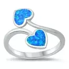 Two Hearts Ring Solid Sterling Silver 925 Blue Lab Opal Face Height 23 mm Size 7