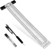 T‑Type Ruler 300mm Stainless Steel Scribing Rulers with Mechanical Pencil and Refills High Precision Metric Hole Ruler Woodworking Marking Toolsfor Carpenter Draft Measuring and Positioning