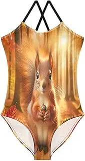 [RPLIFE] Girls Swimming Suits 3-10 Y Beach Swimwear, Cute Squirrel Autumn Forest