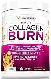 Multi Collagen Burn: Multi-Type Hydrolyzed Collagen Protein Peptides with Hyaluronic Acid, Vitamin C, SOD B Dimpless, Types I, II, III, V and X Collagen, Caffeine-Free (Tropical Punch)