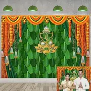 India Pooja Traditional Backdrop Marigold Green Banana Leaf Chatiya Ganesh Traditional Festival Photography Background Puja Ganpati Wedding Party Decoration Photo Props (8x6FT (2.4 x 1.8m))